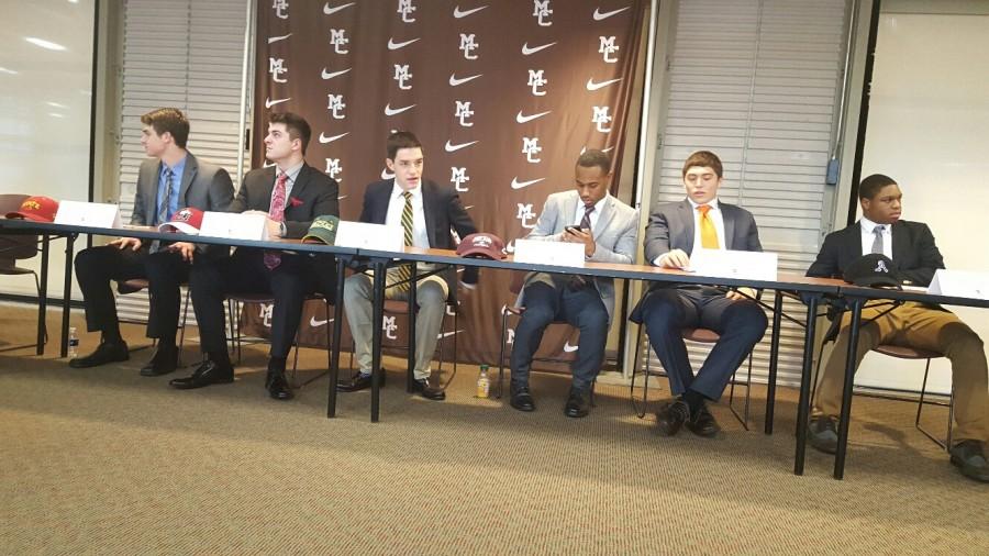 MC Student Manager Henry Lansing (third from left) had the honor of joining 11 classmates on National Signing Day for collegiate football.  (Photo by Ryan Noonan 16)