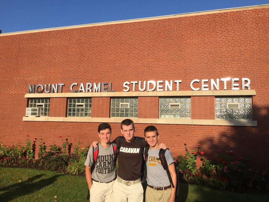 (Left to right) Michael McKenna, Dan Benoit, and Miles Hoey (now seniors) prepared to take on their first day as freshmen at MC.