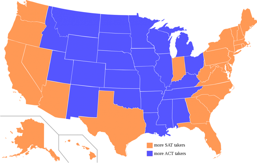 The map illustrates states in which students are likely to take either the SAT or ACT (based on 2016 statistics).   (google image labeled for reuse on Wikimedia Commons)