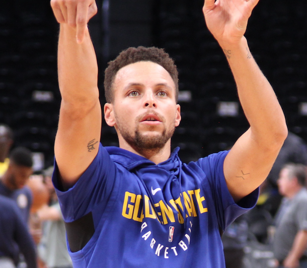 Stephen Curry warms up before a game against the Denver Nuggets. (Photo credit:  Cyrus Saatsaz via Wikimedia Commons under Creative Commons license.)