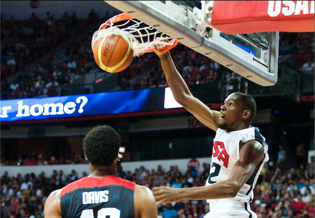 Kevin Durant dunks the basketball during a USA basketball scrimmage on August 1, 2014.  (Photo Credit: Thomas Spangler via Wikimedia Commons under Creative Commons License)