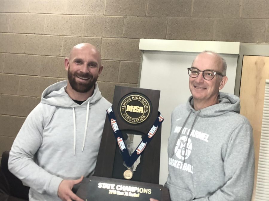 Varsity Football coach Jordan Lynch and athletic director Dan LaCount were all smiles as they celebrated Mount Carmel state championship on December 6, 2019.