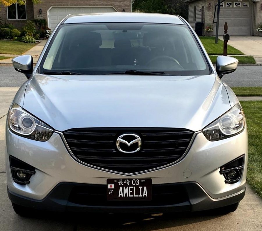 Amelia the Mazda-CX has worked out as an economical car. Indiana only requires a back plate which provided the opportunity to add the cars name on the front.