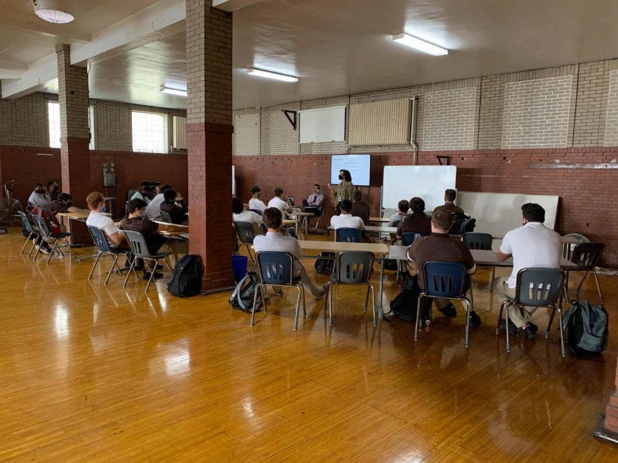 The north end of the old gym has been turned into a classroom for Coach Burkes and Brother Ryan-Joseph Resurreccions theology classes. Photographer: Andrew Robustelli