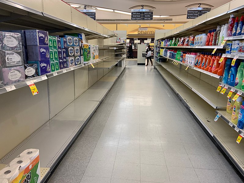 Many supermarket shelves are empty due to high demand for cleaning supplies during COVID-19. (Photo credit:  Wikimedia commons, under Creative Commons license.)