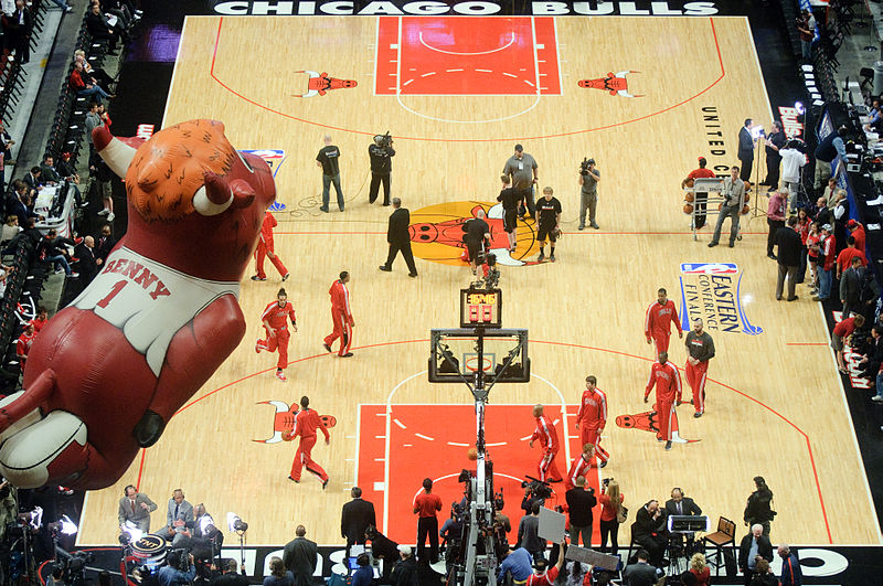 The Chicago Bulls practicing during a pre-game warm up.