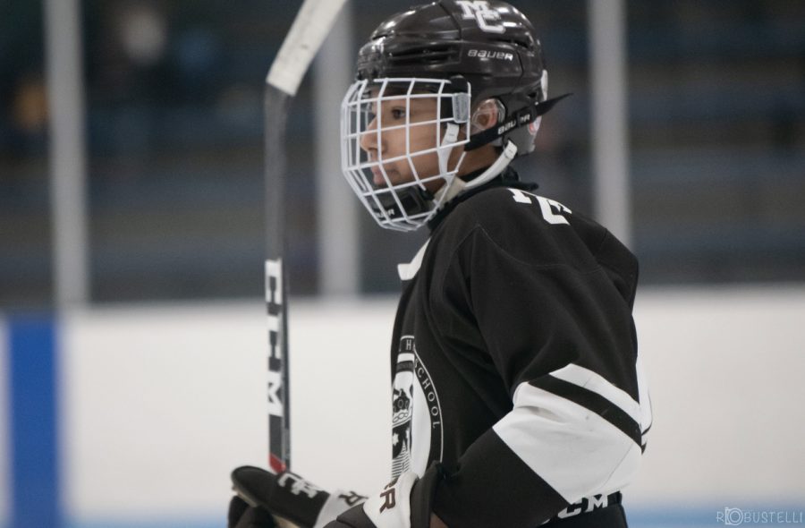 Senior Trevor Nordstrom, shown in a pre-game warmup at HFs ice hockey arena, sees positives among the challenges of COVID-19. 