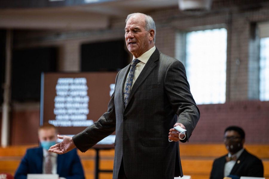 President+Ned+Hughes+addressed+16+senior+student+athletes+and+their+families+at+the+April+14+signing+ceremony.+