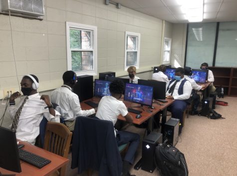 The Caravan E-Sports team practices at their home base in the school library.