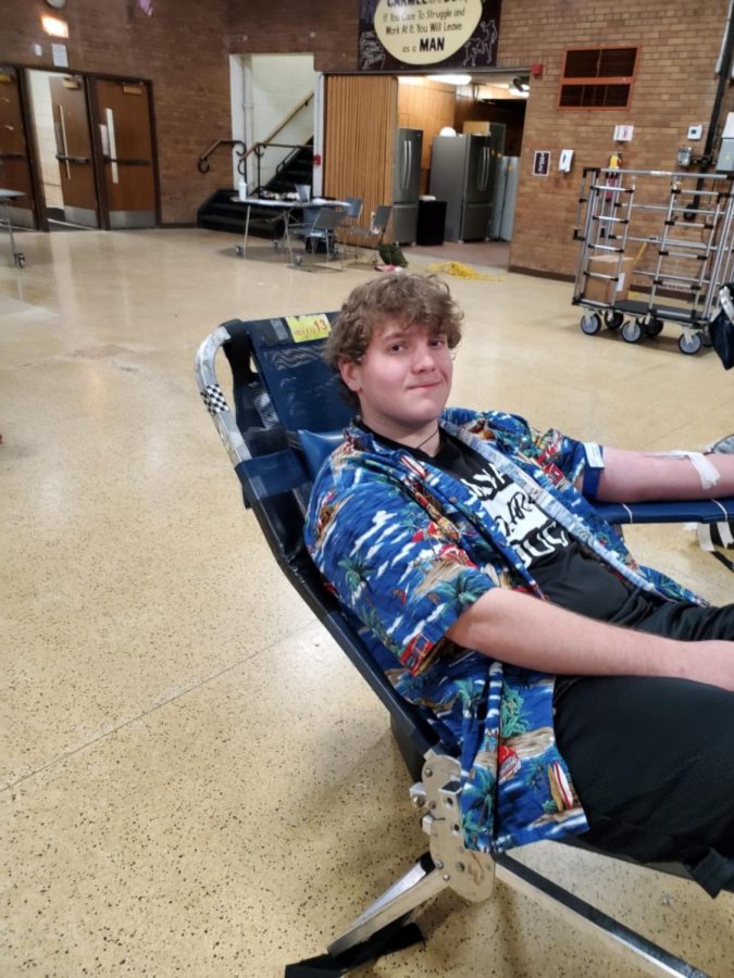 Connor+McKeown+22+happily+donates+at+the+2022+Blood+Drive.