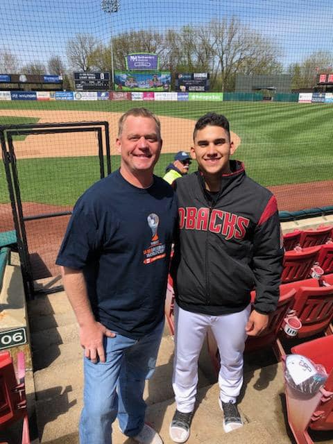 Coach+Hurry+and+Thomas+pose+for+a+picture+in+2019+when+Thomas+was+playing+for+the+Arizona+Diamonbacks+minor+league+affiliate+Kane+County+Cougars.