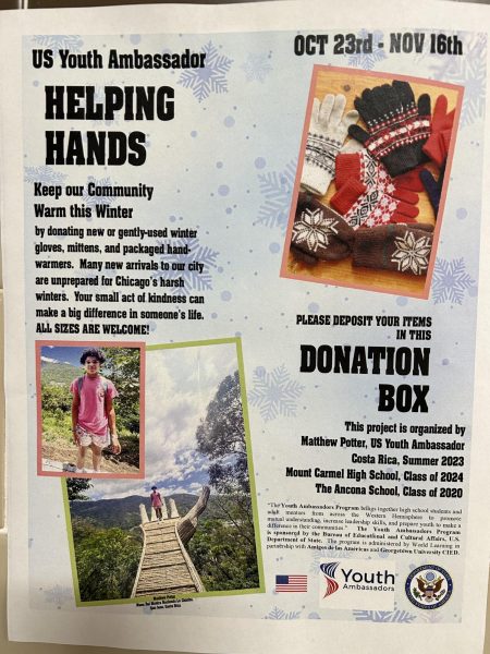 Senior Matt Potters Helping Hands handwear drive is advertised in several posters around campus. 