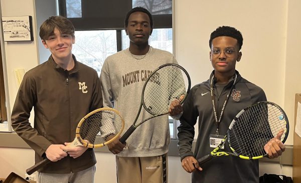 The tennis team is ready to dominate this season and live up to the standards other MC sports have set this year. Pictured from left to right are junior Marty Wilmes, senior Roshan Kalubi, and junior Dale Twine.
