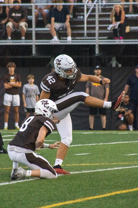 Nico Mullen (42) kicks an extra point against Hun Academy on August 29, 2024 