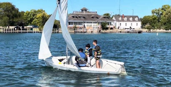 (left to right) Vincent Thomas ’28, William Kinsey ’28, and Wyatt Knight ’27 complete a maneuver during sailing practice on September 21, 2024.