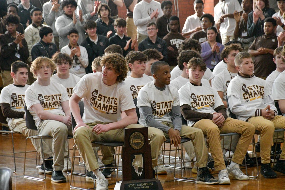 The wrestling team gets honored by the school at their state championship pep rally on February 29th, 2024.