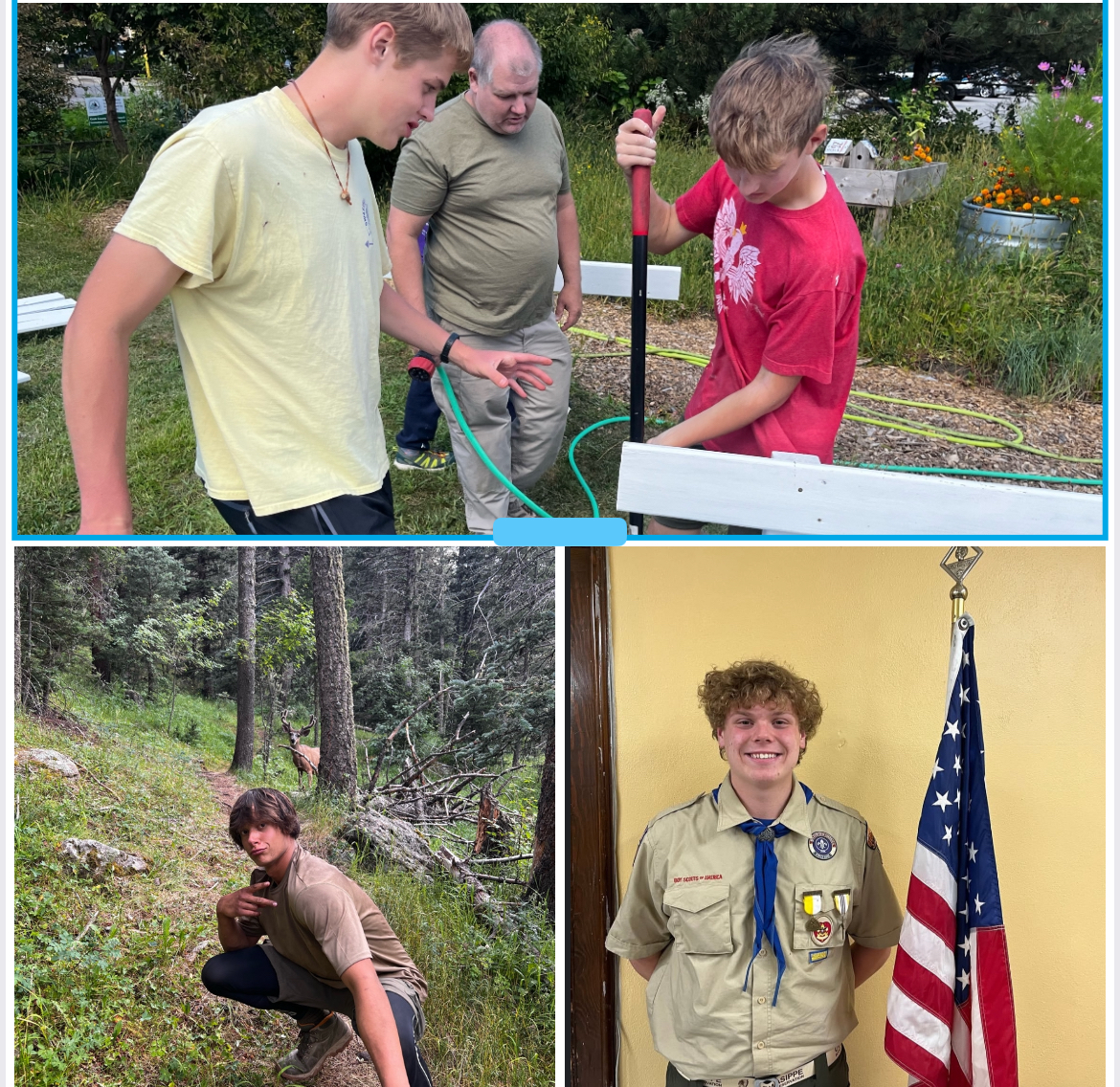 (clockwise from top) Adam Stanislawski (yellow shirt) works on a Boy Scout project, Andrew Stanislawski achieves Eagle Scout rank, Sawyer Michalak participates in an outdoor scouting activity.  

