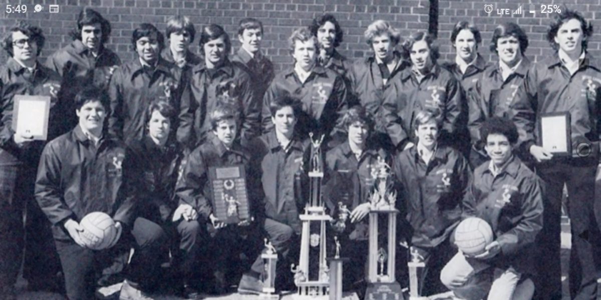 The ’75 Caravan water polo team outside of City Hall surrounding the trophy Mayor Daley gave them.