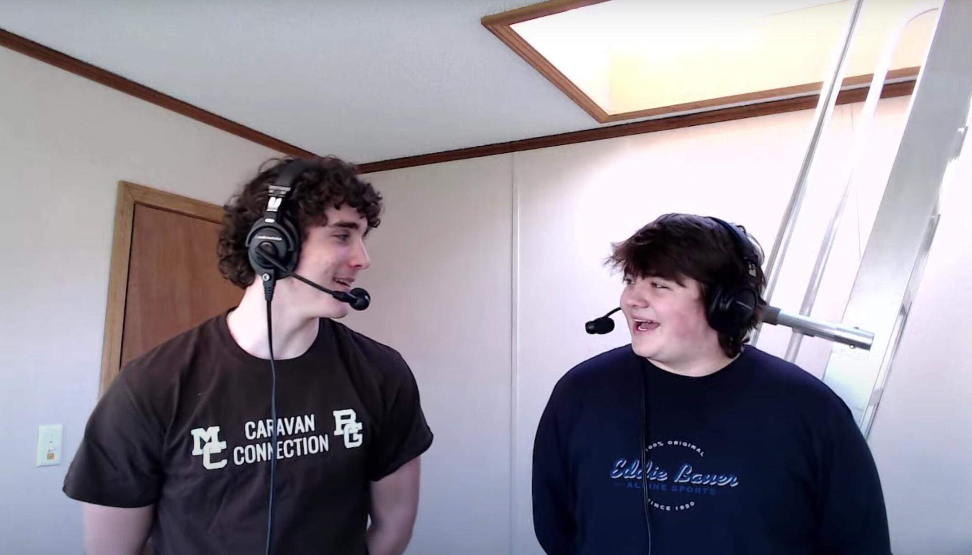 Play-by-play commentator Rocco Lopez (right) with color commentator Terry Dougherty (left) break down the matchup during the pregame show of their first varsity broadcast for the Caravan lacrosse game against ICCP on March 20.