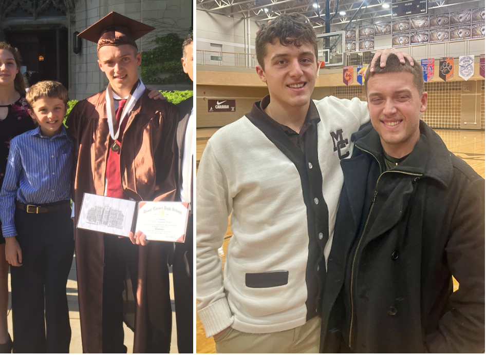 (from left) I stand with my brother, Nick Dimas ‘17, after his graduation from Mount Carmel on May 28, 2017, at Rockefeller Chapel. Nearly eight years later, we enjoyed a moment after my basketball senior night in the main gym. 