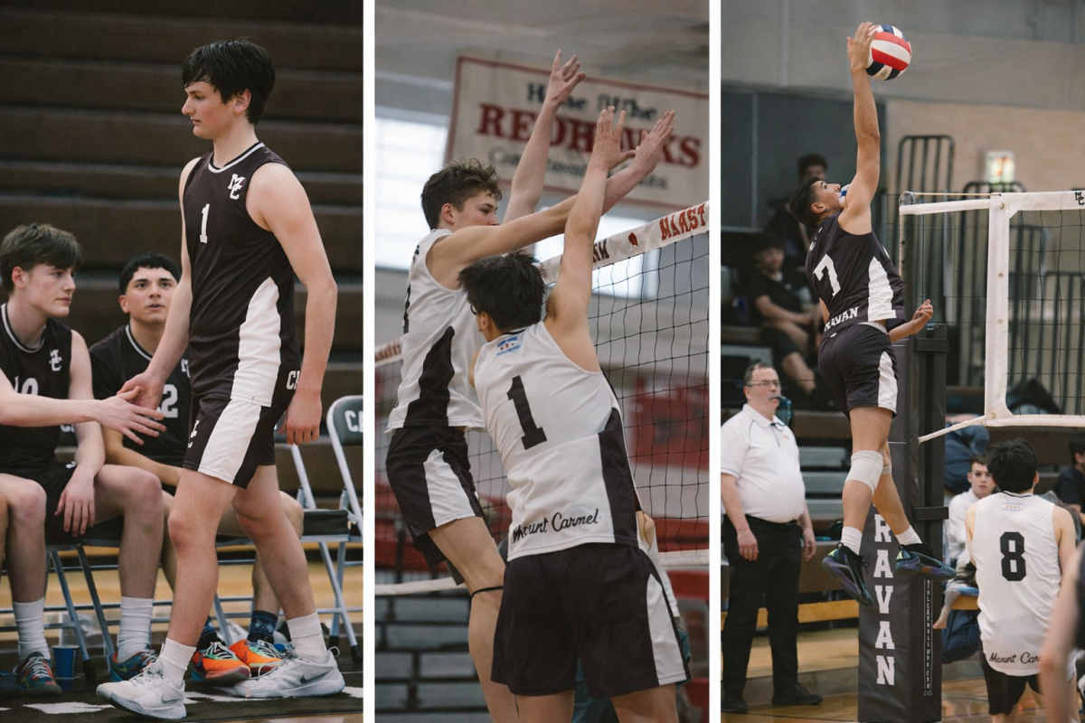 (from left) Mick Carr, Luke Segroves, and Mihailo Popovic all are in leadership positions for the Caravan volleyball team this season. 