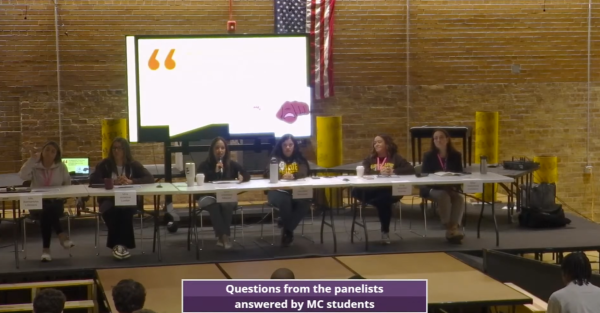 The 2026 MC Women’s Panel answers student-created questions on March 27, 2026; from left, Ms. Samantha Lazzaro, Mrs. Kristina Luster, Mrs. Vanessa Miguez, Ms. Jennifer Ramirez, Mrs. Jennifer Smola, and Mrs. Valentina Sorescu. 