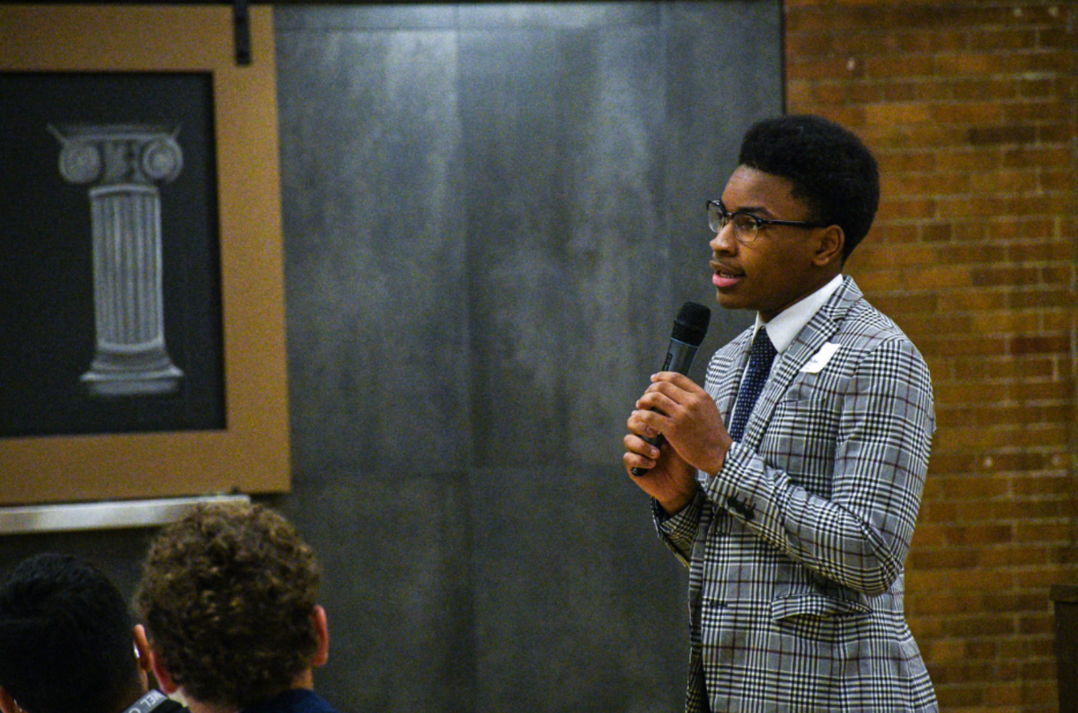 Newly-named Student Body President Aaron Hyler talks at the Scholarship Breakfast on April 22.